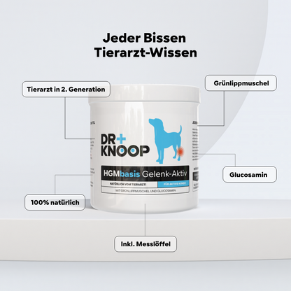 Grünlippmuschel Pulver Hund (für junge aktive Hunde/Welpen), extra mit Glucosamin, anstatt Gelenktabletten Hund, hohe Akzeptanz durch Vanillearoma, HGM 500g - von Tierarzt Dr. Knoop