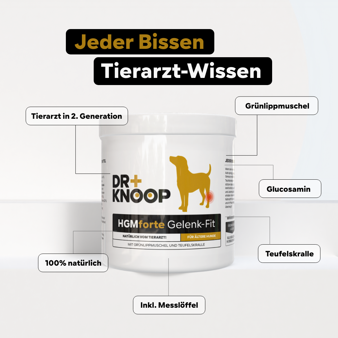 Gelenkpulver speziell Alter Hund, 450g, für 45 Tage bei 20 kg-Hund, Wirkung Teufelskralle, Grünlippmuschel Pulver + Glucosamin anstatt Gelenktabletten, Vanillearoma