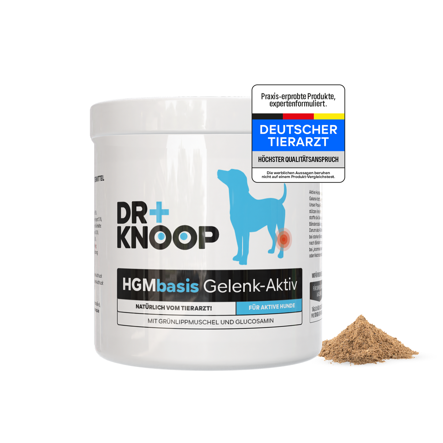 Grünlippmuschel Pulver Hund (für junge aktive Hunde/Welpen), extra mit Glucosamin, anstatt Gelenktabletten Hund, hohe Akzeptanz durch Vanillearoma, HGM 500g - von Tierarzt Dr. Knoop